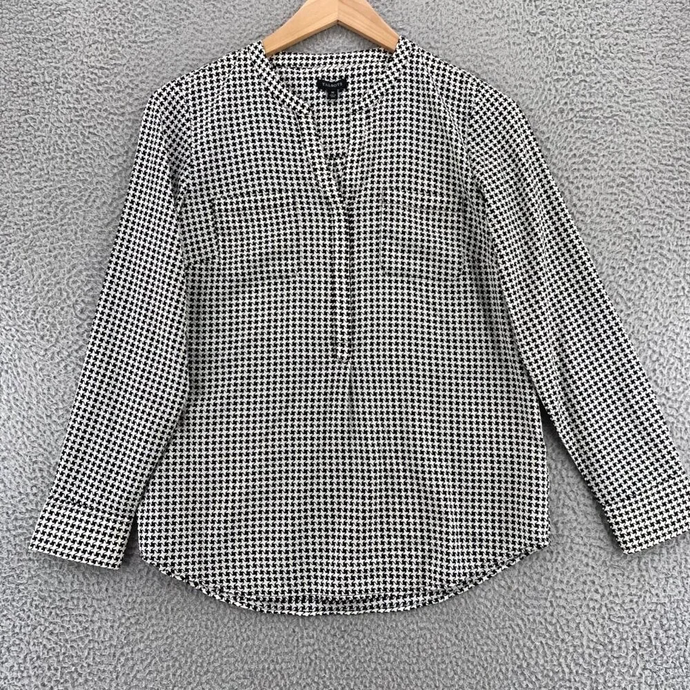 Talbots Top Women Medium Ivory Black Geometric Popover Long Sleeve V Neck Blouse